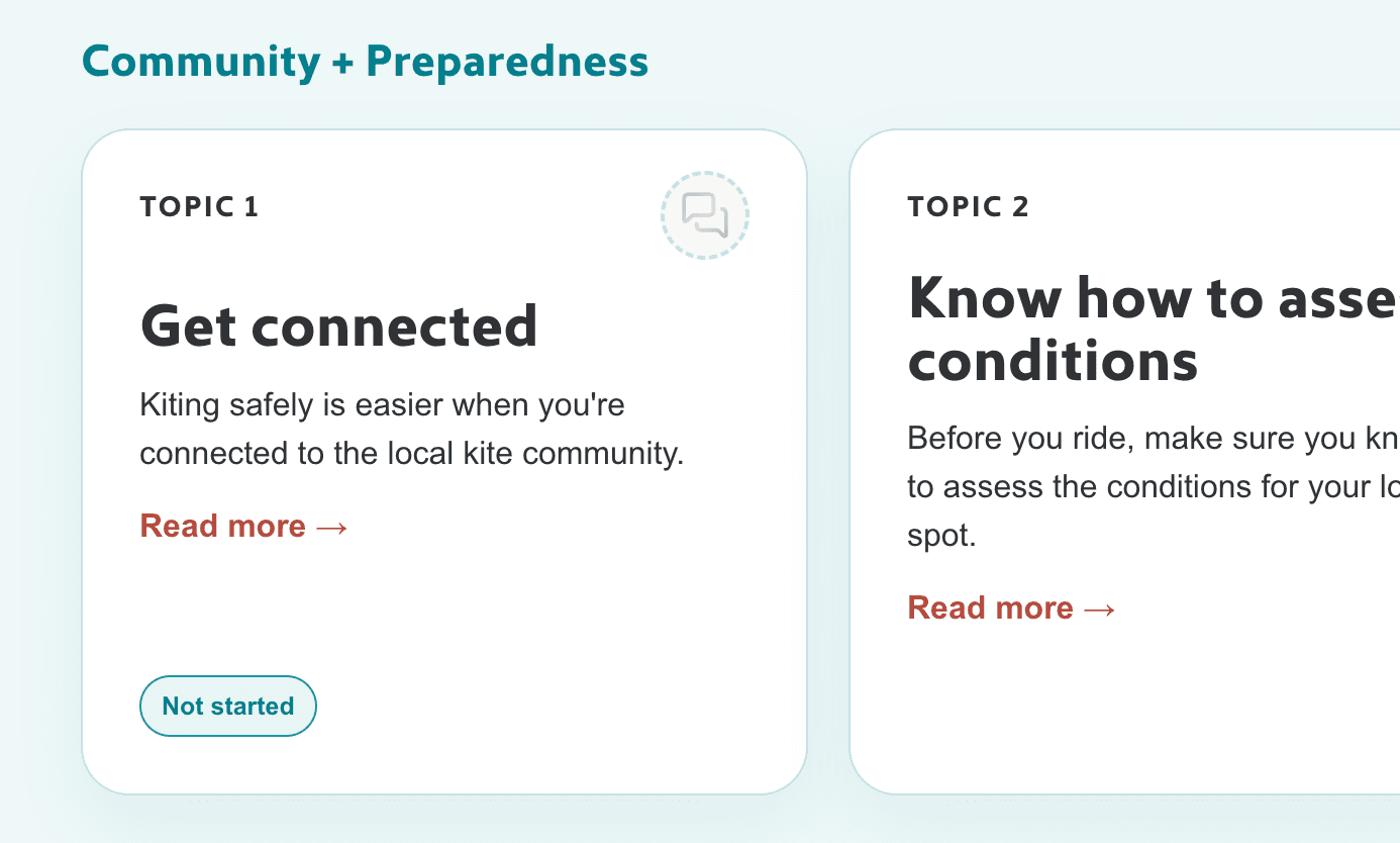 Safety topic cards showing complete and not-started progress states