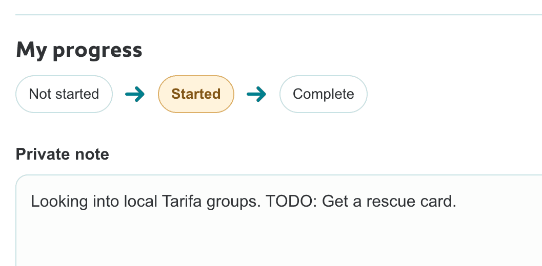 Topic progress controls and a private note field